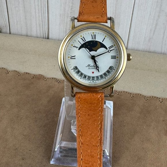 Michele Quartz Moon Phase Watch Gold face Roman Numerals - Picture 3 of 9